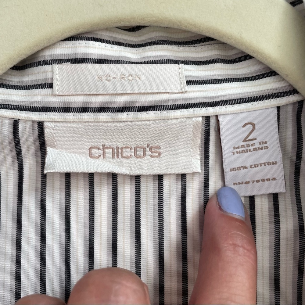 Chicos No Iron Black White Tan Stripe Button Front Long Sleeve Shirt Cotton LG - Picture 4 of 8
